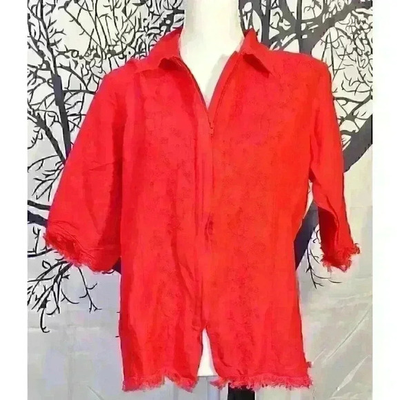 MARLA KIM Womans RED Full Zip Jacket Top 3/4 Sleeve Raw Edges Shirt size XL - Picture 3 of 7